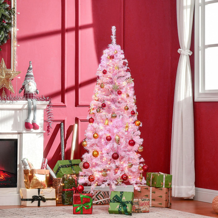 HOMCOM Árbol de Navidad Artificial Altura 180 cm Ignífugo con 618 Ramas 300 Luces LED IP20 Hojas de PVC Apertura Automática Base Plegable y Soporte Metálico Decoración Navideña para Interiores Rosa