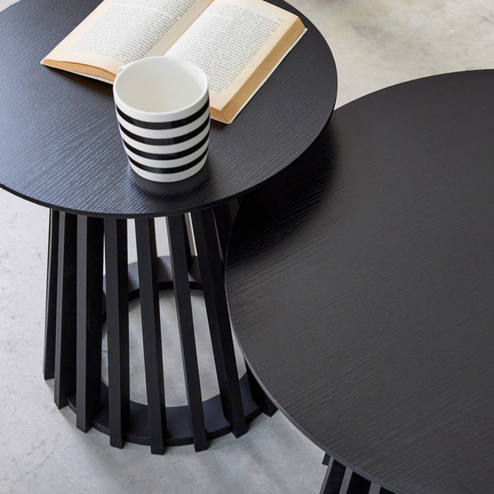 Set de 2 tables basses rondes décor bois et bois de sapin Ø40cm et Ø60cm CLARA