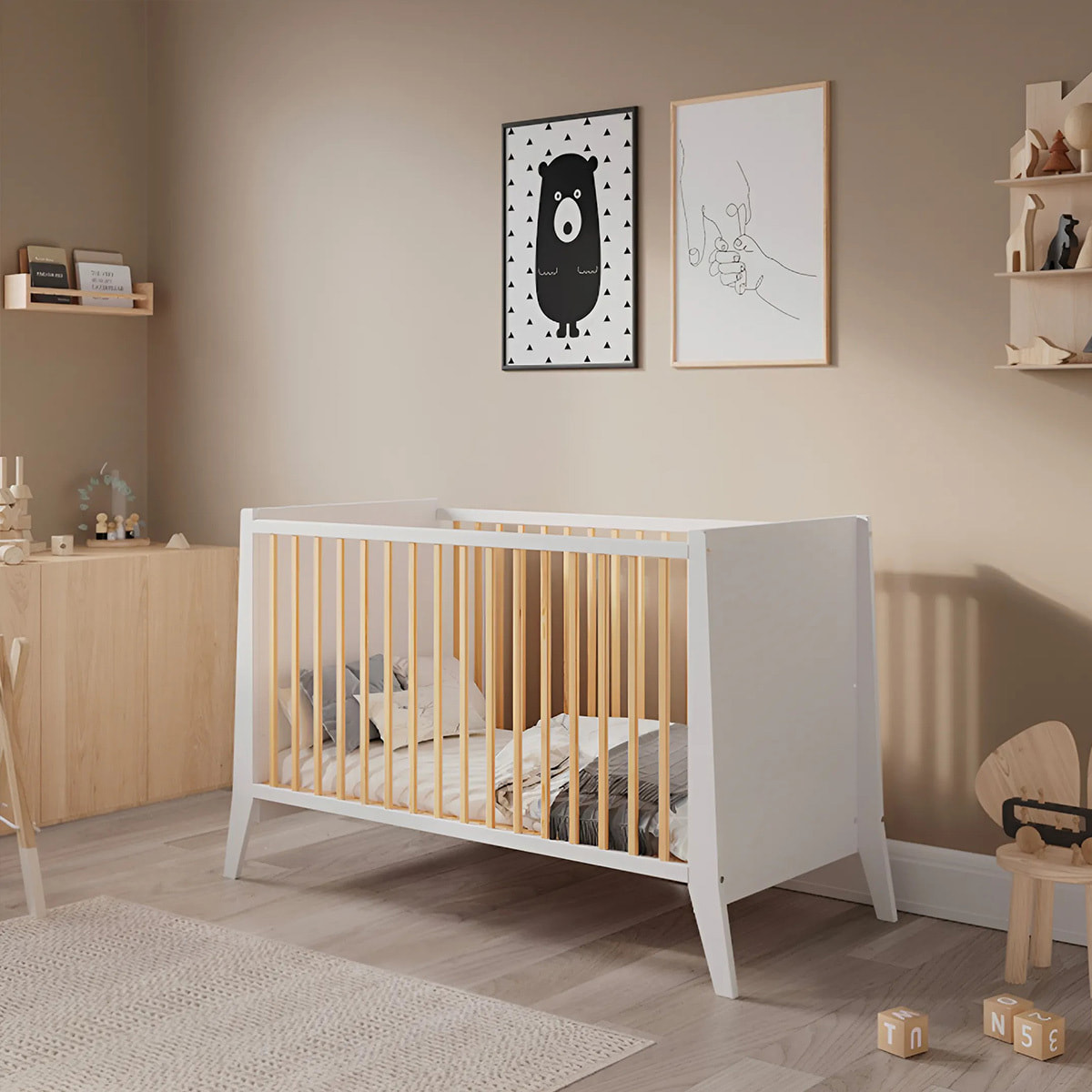 Lit Evolutif Timéo à barreaux 60 x 120 cm, Couleur Blanc & Bois, En Bois, 3 Hauteurs, Barreaux amovibles
