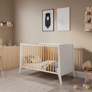 Lit Evolutif Timéo à barreaux 60 x 120 cm, Couleur Blanc & Bois, En Bois, 3 Hauteurs, Barreaux amovibles