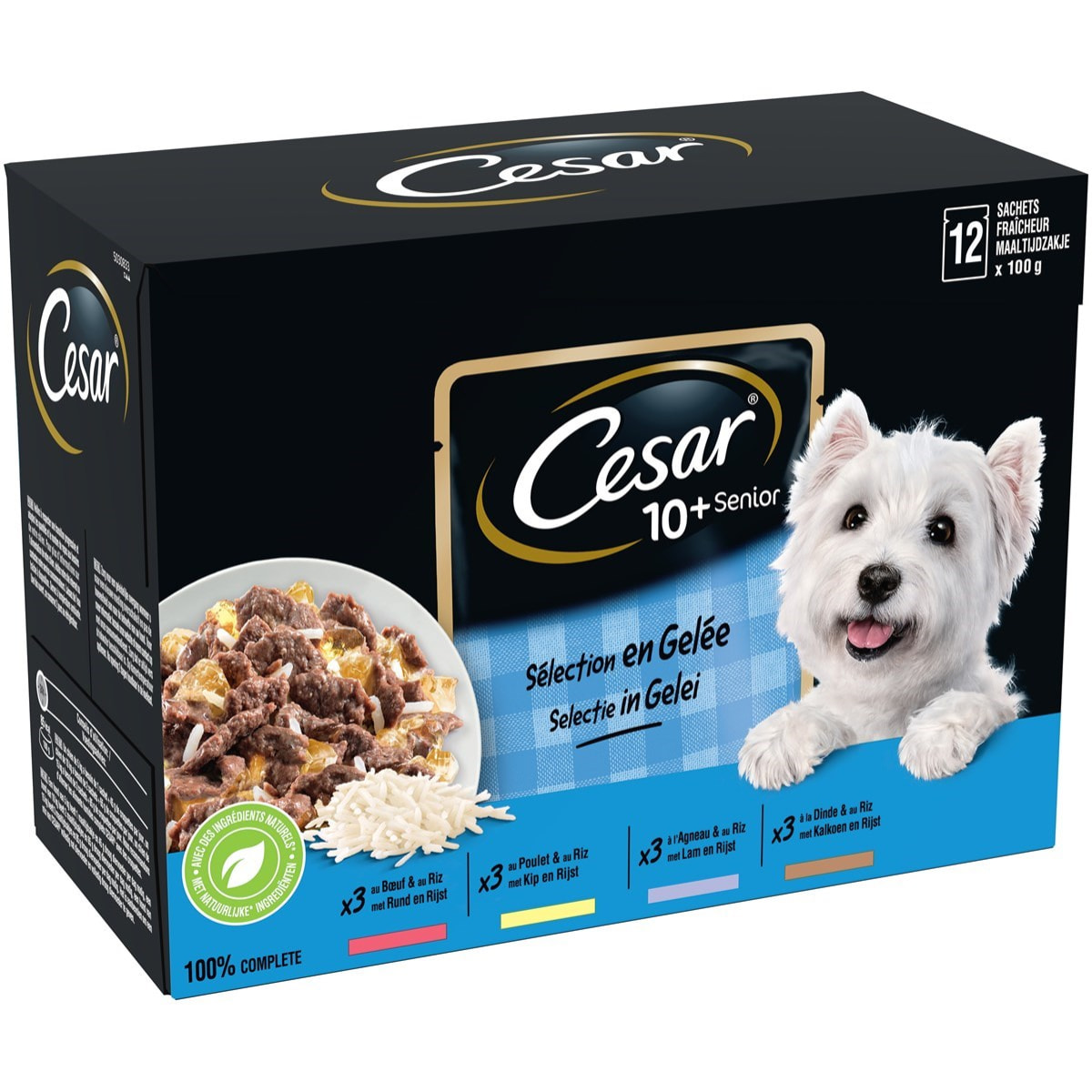 CESAR 72 Sachets fraîcheur en gelée 4 variétés pour chien senior 100g (6x12)