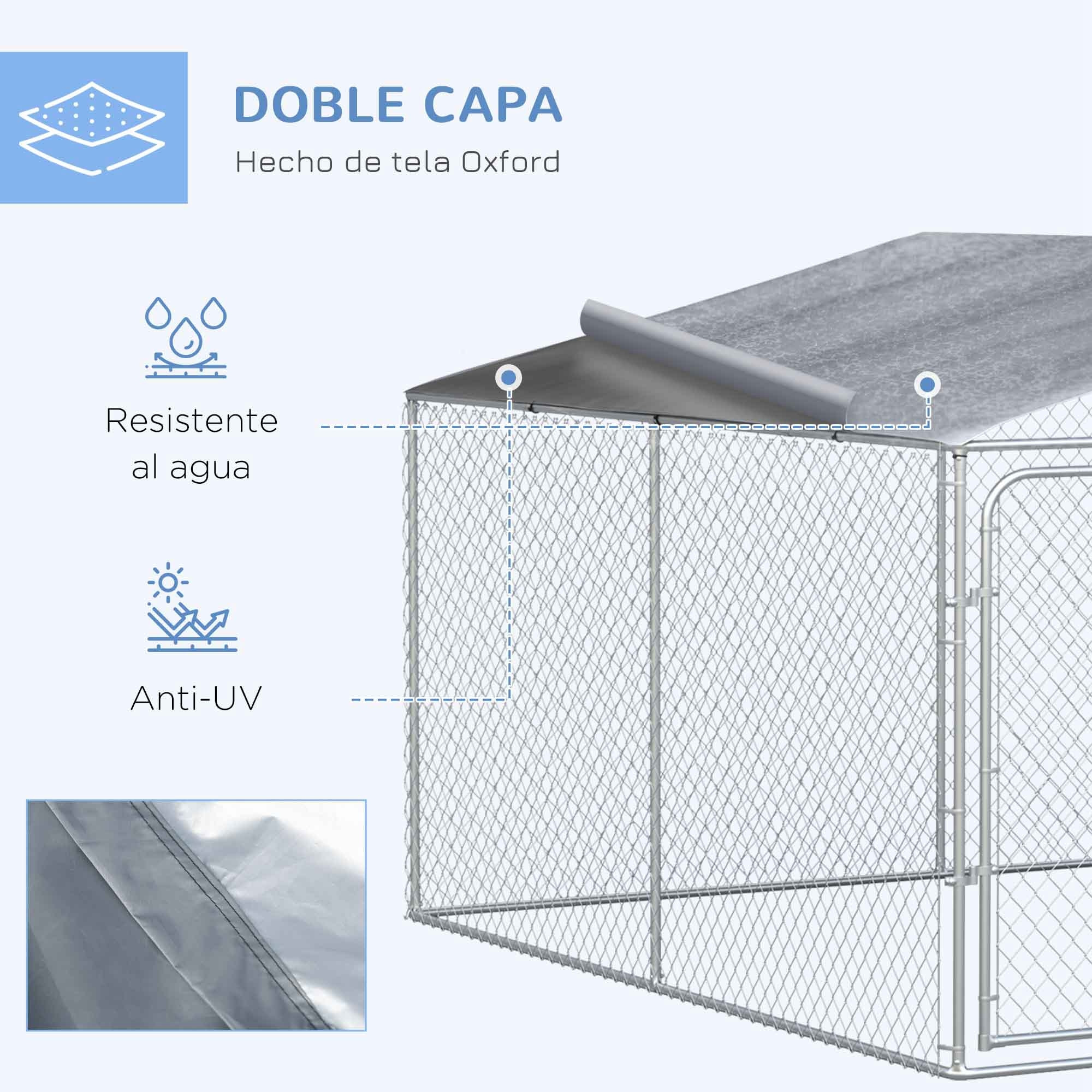 Perrera de Exterior con Toldo Anti-UV Impermeable Parque para Perros con Puerta con Pestillo y Marco de Metal Galvanizado para Patio Jardín Terraza 4x4x2,3 m Plata