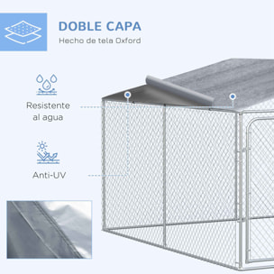 Perrera de Exterior con Toldo Anti-UV Impermeable Parque para Perros con Puerta con Pestillo y Marco de Metal Galvanizado para Patio Jardín Terraza 4x4x2,3 m Plata