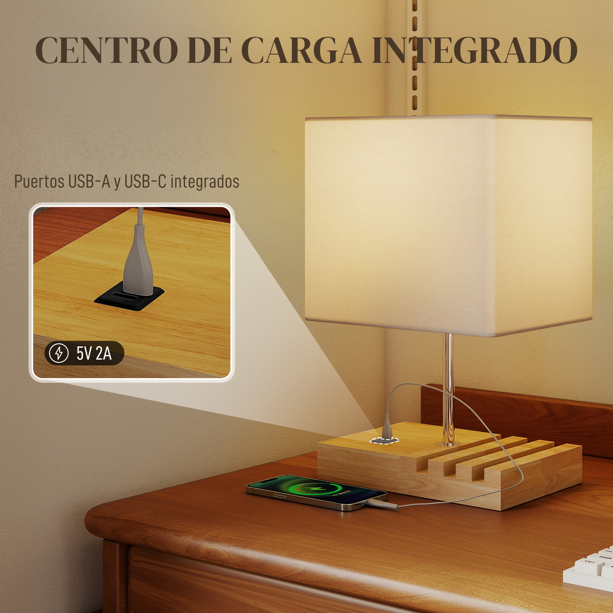 Lámpara de Mesa con Puertos USB-A/C, Tres Ranuras para Teléfonos, Lámpara de Mesita de Noche Moderno con Base de Madera y Pantalla de Tela, para Dormitorio, Salón, E27, 40W, Blanco