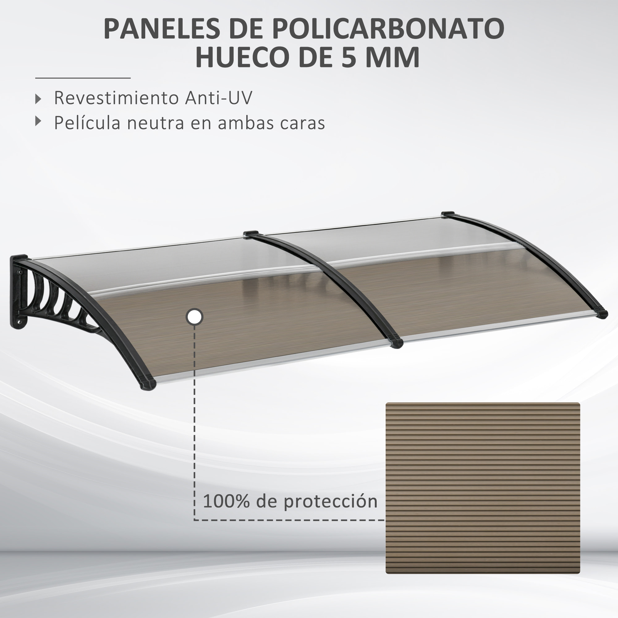 Tejadillo de Protección 200x96 cm Marquesina Exterior para Puertas y Ventanas contra Sol y Lluvia con Soporte de PP Policarbonato Marrón