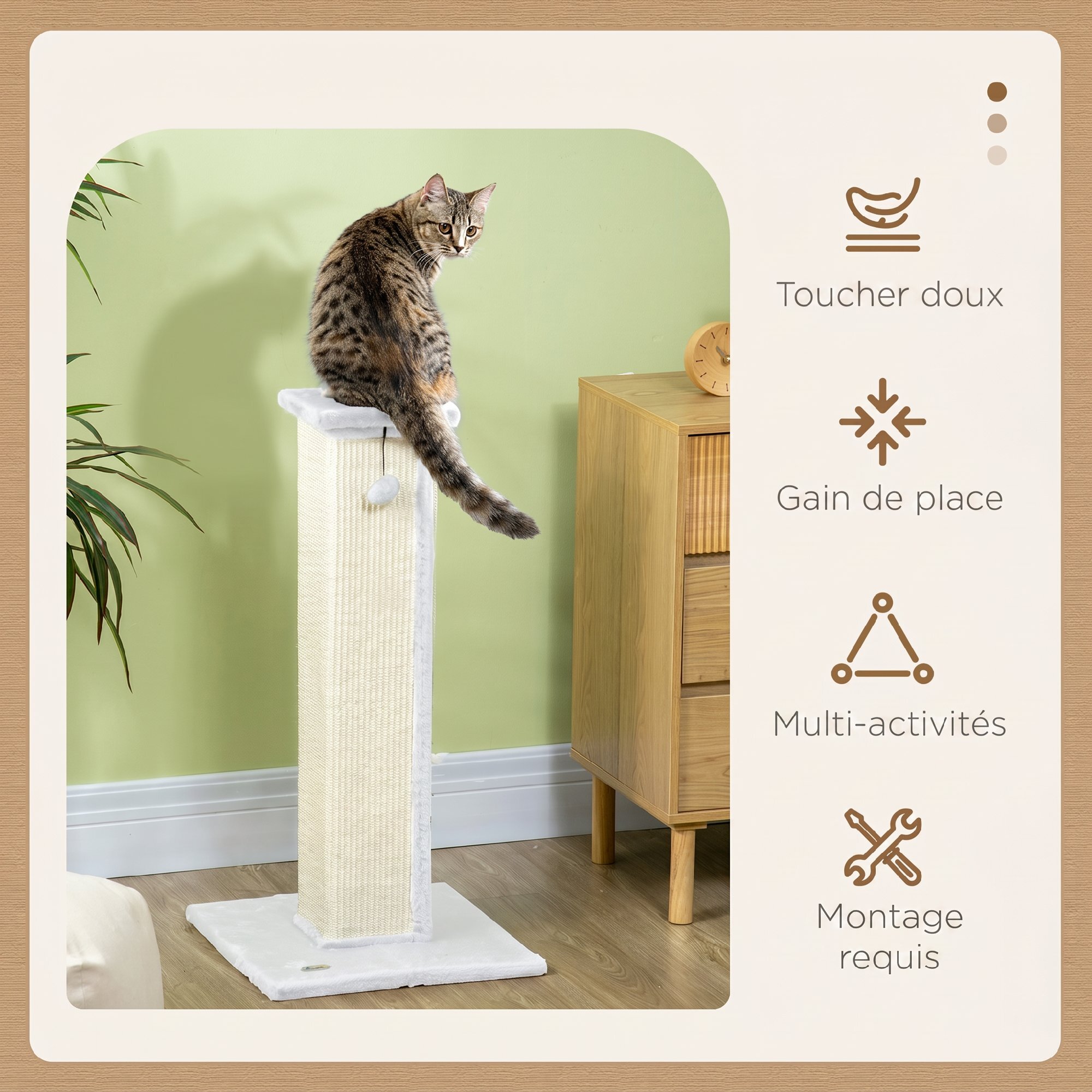 Griffoir tour pour chat H.81 cm - poteau à griffer avec jeu balle suspendue - peluche blanc sisal naturel