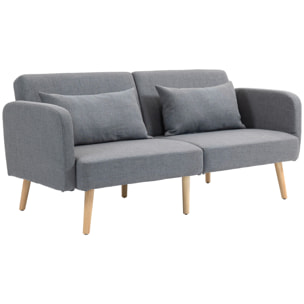 Canapé convertible 3 places design scandinave - dossier inclinable, accoudoirs réglables - 2 coussins déco - tissu gris