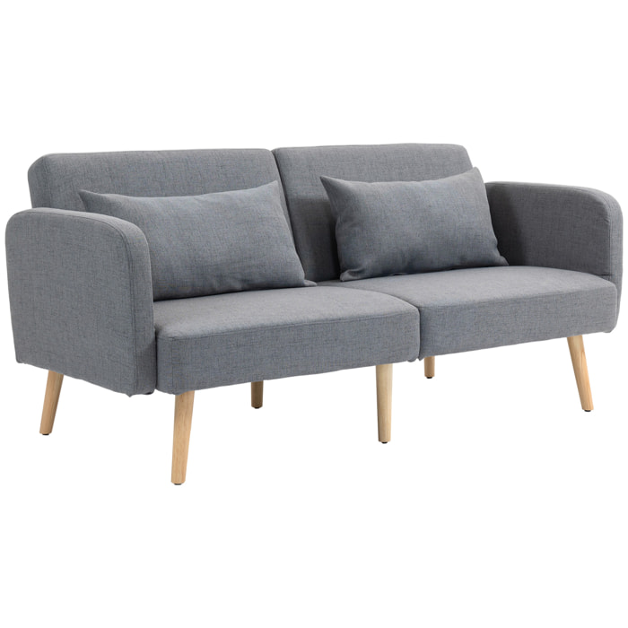 Canapé convertible 3 places design scandinave - dossier inclinable, accoudoirs réglables - 2 coussins déco - tissu gris