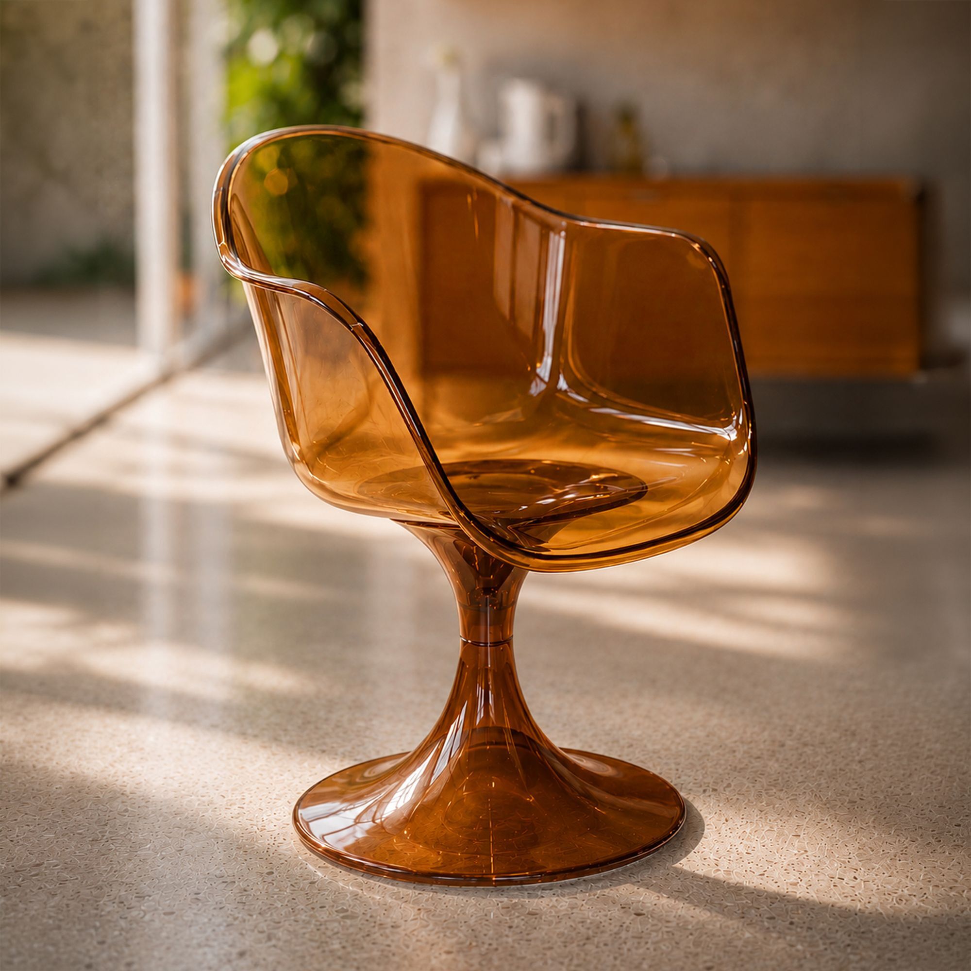 Ensemble table ronde 120cm et 4 fauteuils en résine acrylique ambre GLAM