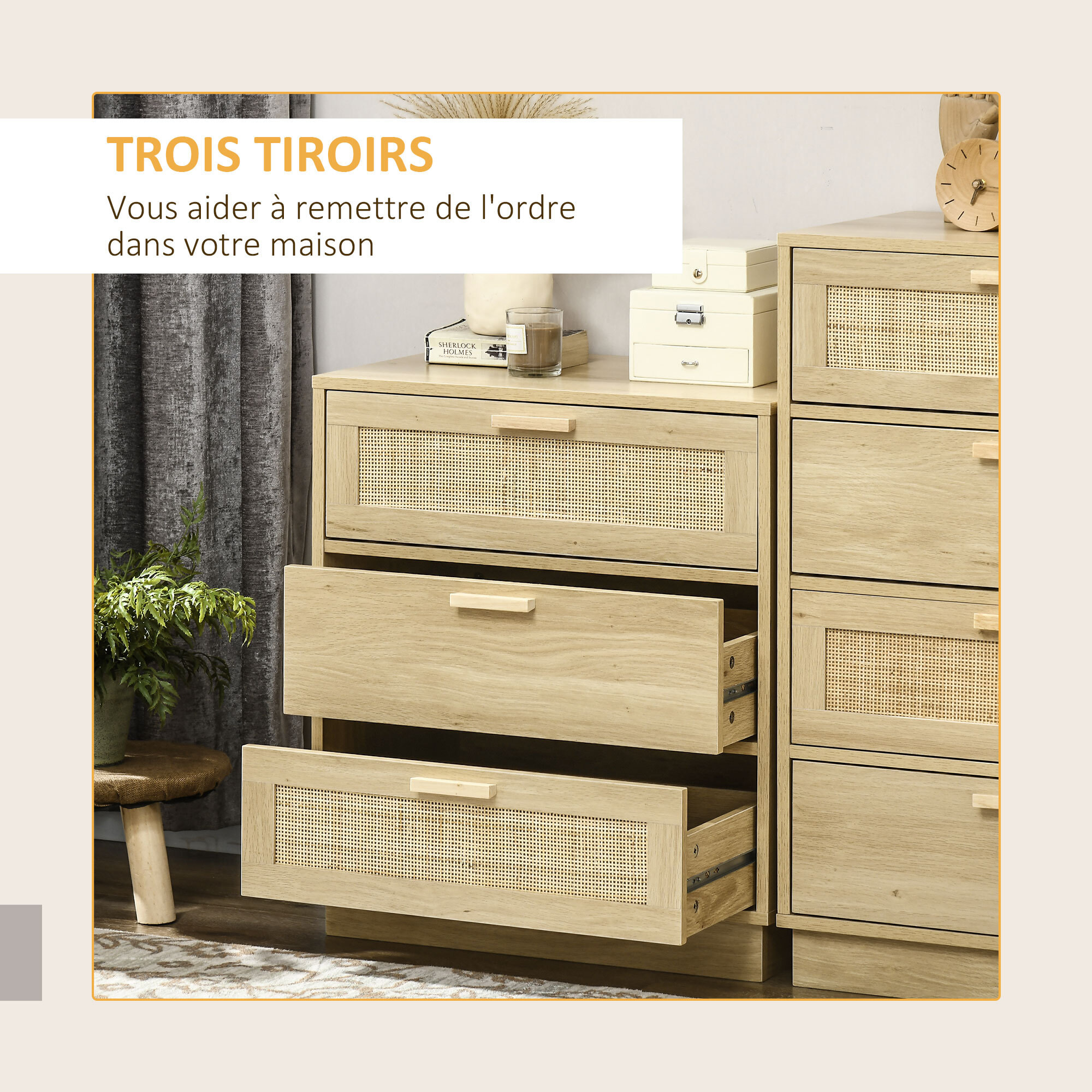 Chiffonnier 3 tiroirs style bohème rotin effet bois clair dim. 60 x 38 x 69 cm