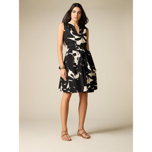 Oltre - Vestido flare en popelina estampada - Negro