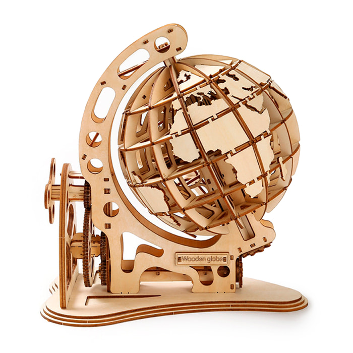 Maqueta de Madera 3D, diseño de Globo terráqueo con movimiento mecánico. 166 piezas.