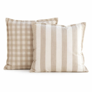 Housse de coussin recto-verso 100% coton rayures et vichy LOURMARIN - Beige