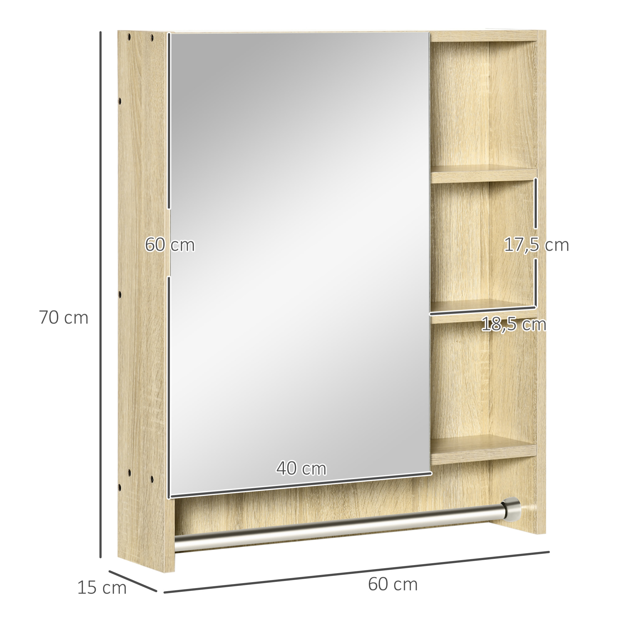 Armario de Baño con Espejo Armario de Pared con 1 Puerta Estante Ajustable Toallero y Compartimento Mueble de Baño Colgante para Salón 60x15x70 cm Roble