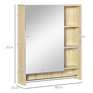 Armario de Baño con Espejo Armario de Pared con 1 Puerta Estante Ajustable Toallero y Compartimento Mueble de Baño Colgante para Salón 60x15x70 cm Roble