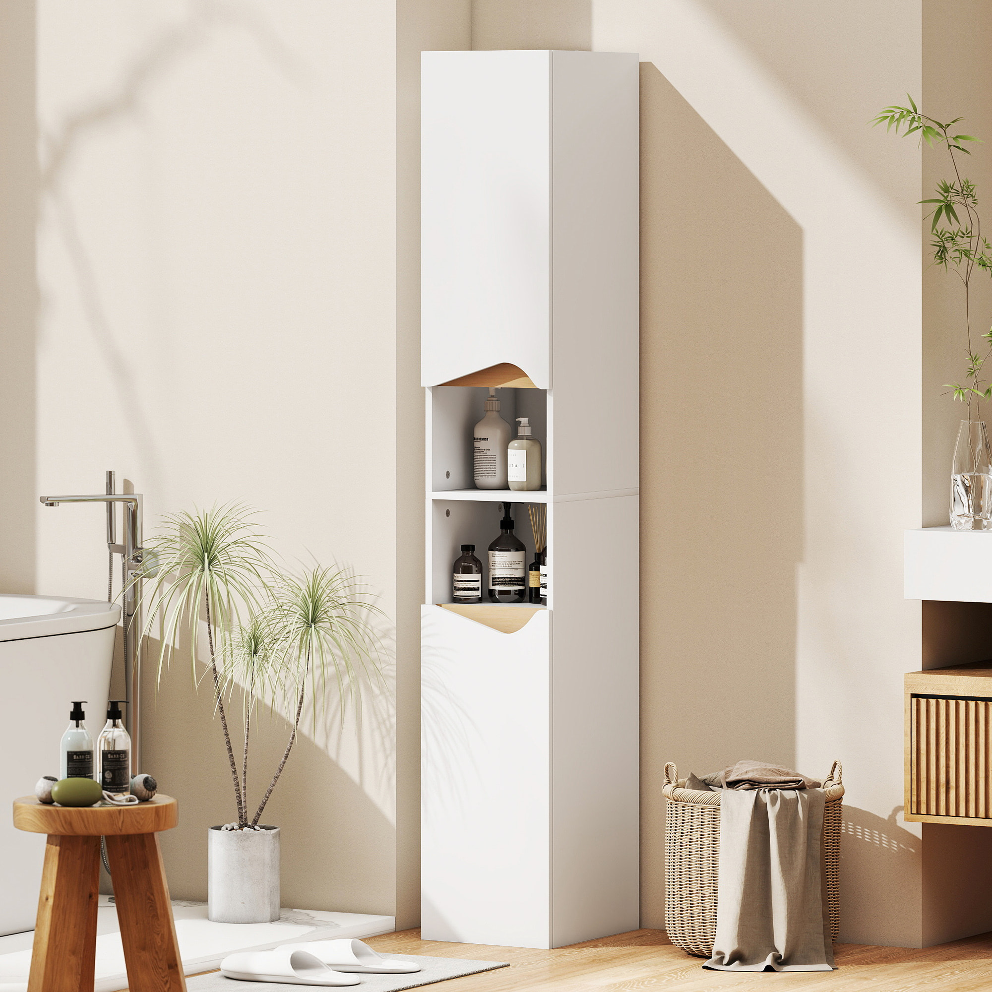 Colonne salle de bain design 2 portes 2 étagères 2 niches effet bois clair blanc