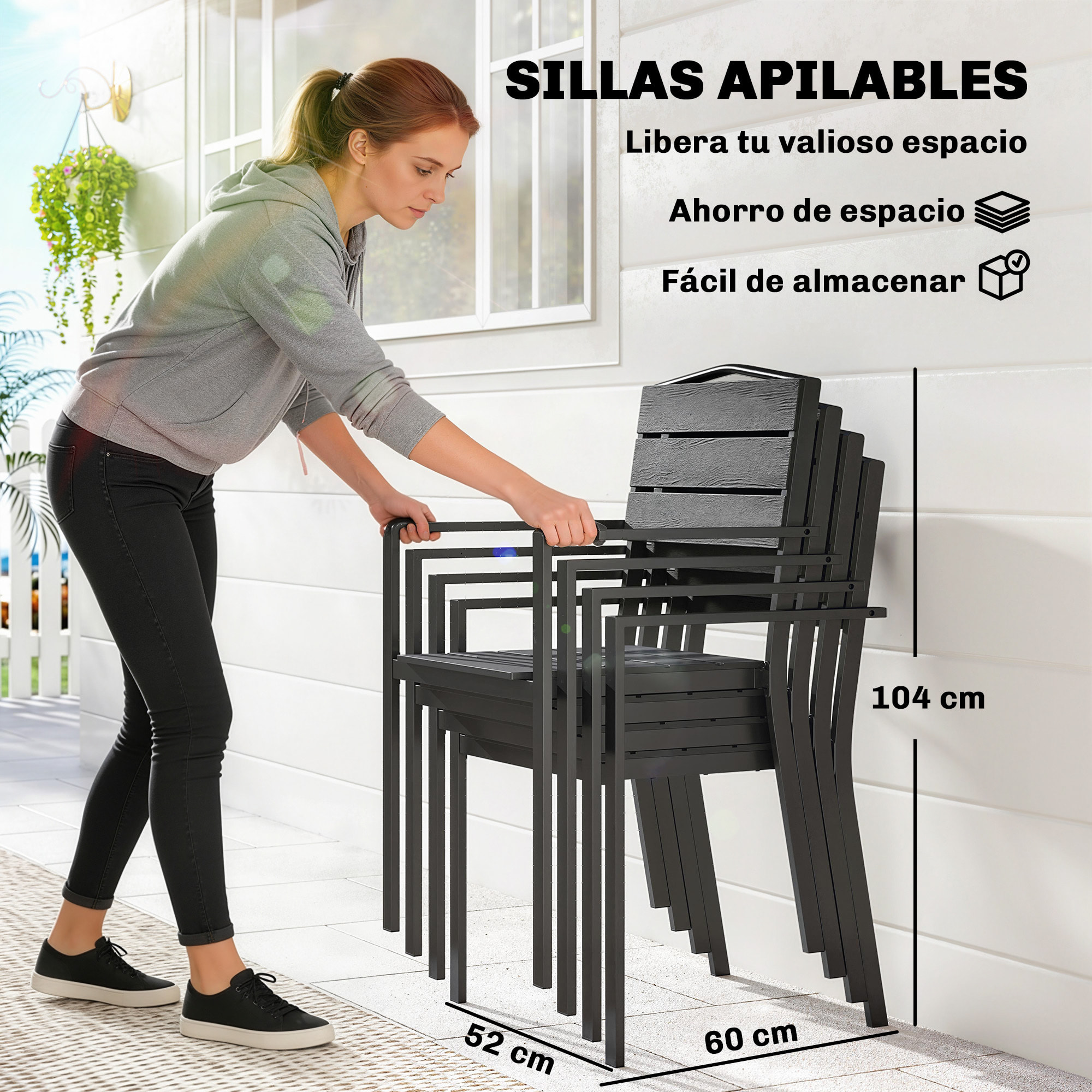 Juego de 4 Sillas de Jardín Exterior Apilables, Sillas Terraza Exterior con Reposabrazos, Asiento y Respaldo de HDPE con Listones, Estructura Metálica Resistente, 52x51x90 cm, Negro