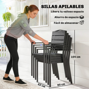 Juego de 4 Sillas de Jardín Exterior Apilables, Sillas Terraza Exterior con Reposabrazos, Asiento y Respaldo de HDPE con Listones, Estructura Metálica Resistente, 52x51x90 cm, Negro