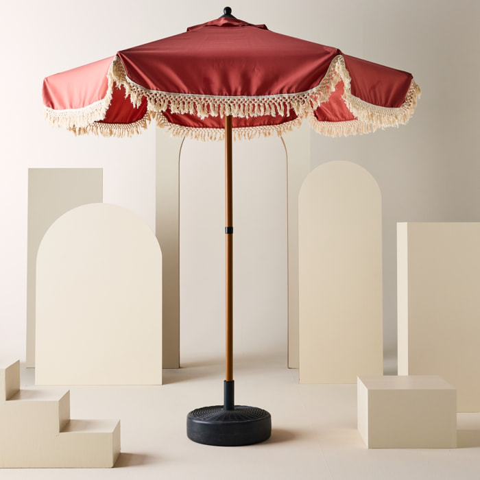 Parasol HOSSEGOR droit à franges 2m. terracotta. acier. mât effet bois. UPF 30+. D 200 x H 225 cm