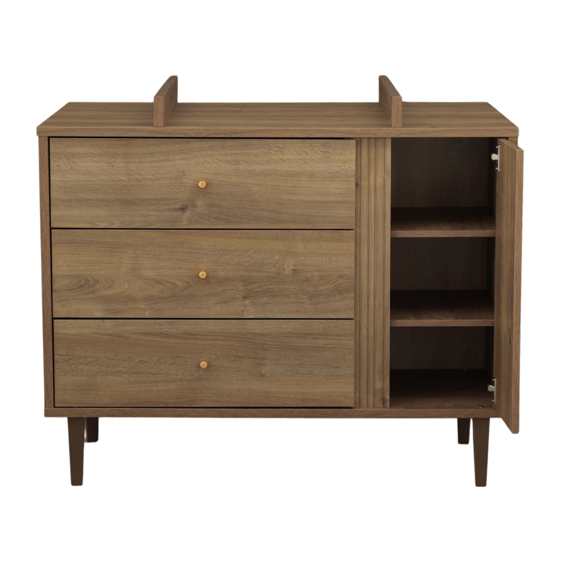 Commode 3 tiroirs et 1 porte avec détail imitation bois texturé et pieds bois