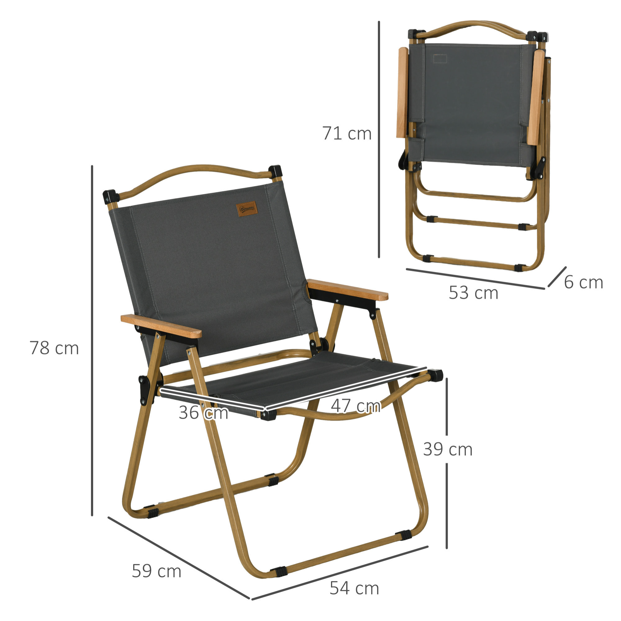 Pack de 2 Sillas Plegable de Camping, Sillas de Camping Portátil con Reposabrazos y Estructura de Acero, Silla para Pesca, Jardín, Terraza, Gris Oscuro