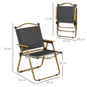 Pack de 2 Sillas Plegable de Camping, Sillas de Camping Portátil con Reposabrazos y Estructura de Acero, Silla para Pesca, Jardín, Terraza, Gris Oscuro