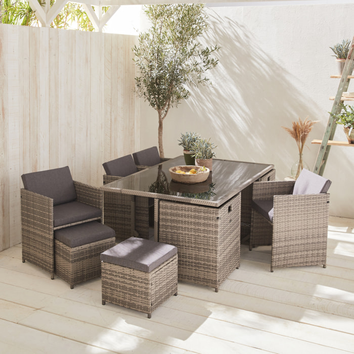 Table de jardin encastrable résine + 10 assises - Vabo - Coloris Nuances de gris. Coussins gris chiné. table encastrable.