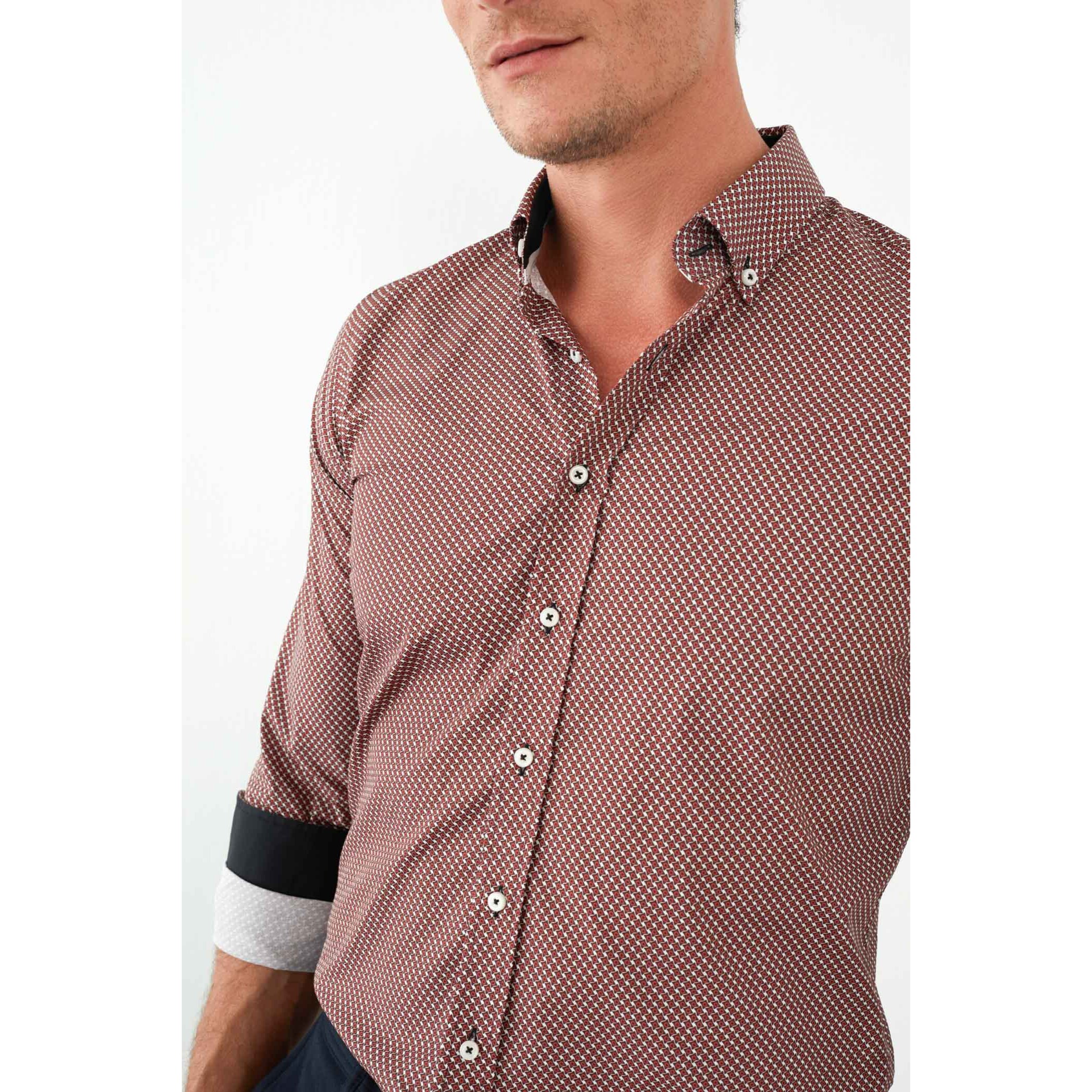 camicia uomo 1 bottone button down slim Popeline Stampato Bordeaux e Panna