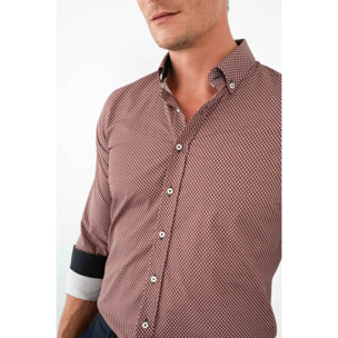 camicia uomo 1 bottone button down slim Popeline Stampato Bordeaux e Panna