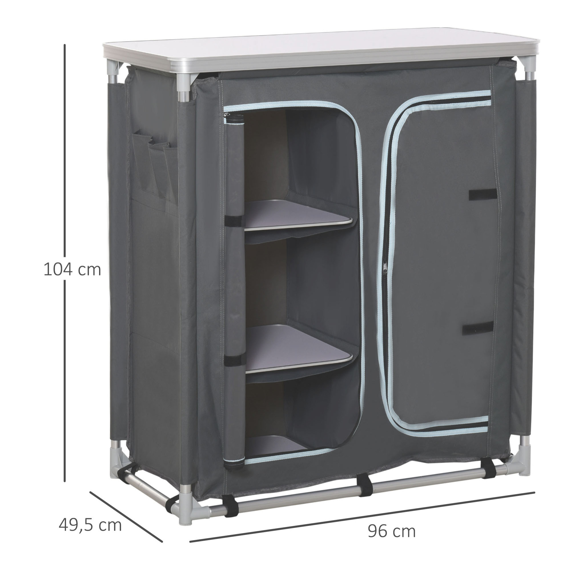 Armario de Camping Plegable Mueble de Cocina para Camping con 3 Estantes Compartimento Puerta con Cremallera Estructura de Aluminio y Bolsa de Transporte para Exterior 96x49,5x104 cm Gris