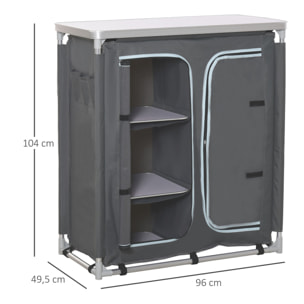 Armario de Camping Plegable Mueble de Cocina para Camping con 3 Estantes Compartimento Puerta con Cremallera Estructura de Aluminio y Bolsa de Transporte para Exterior 96x49,5x104 cm Gris