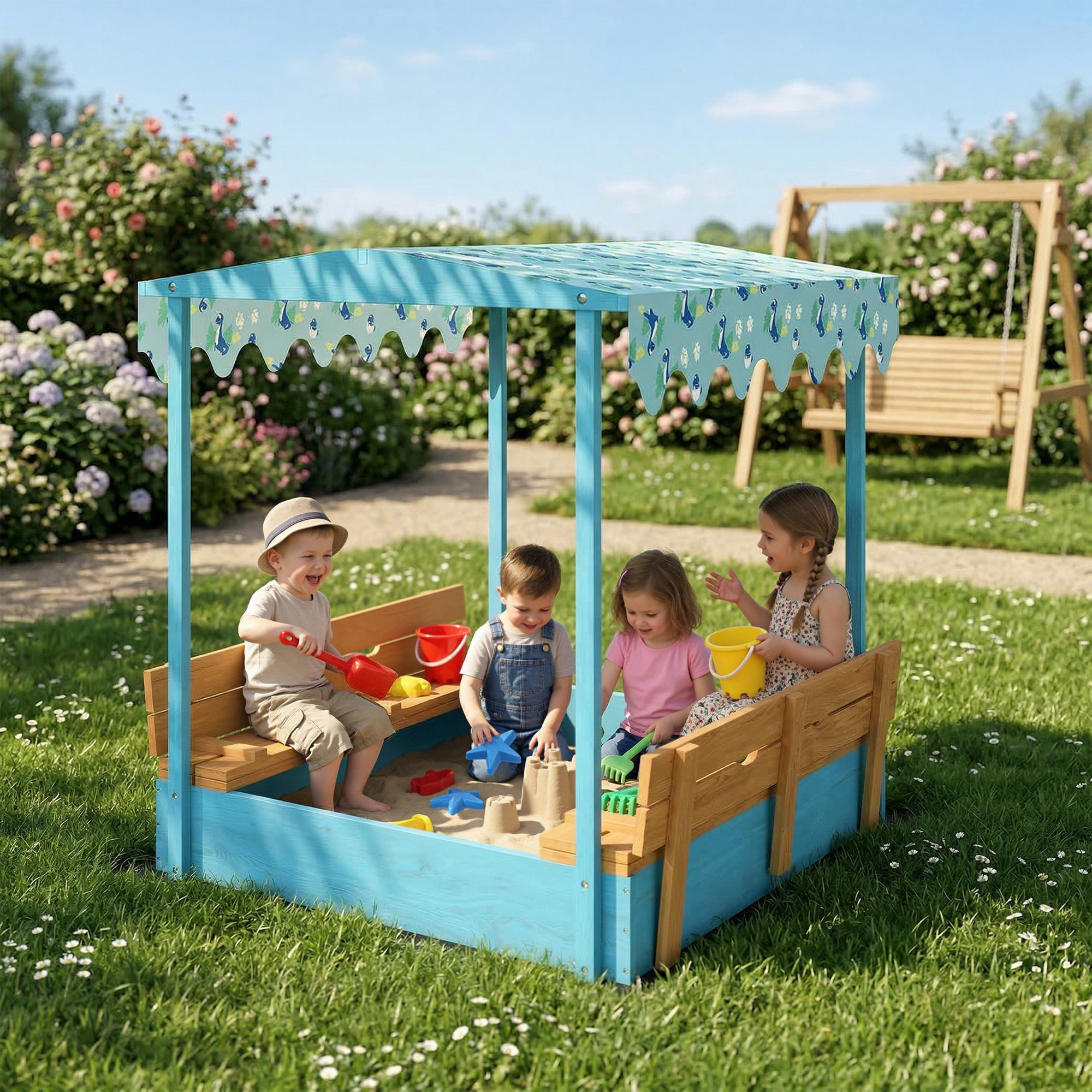 Bac à sable enfant couvercle siège pliable auvent bois bleu
