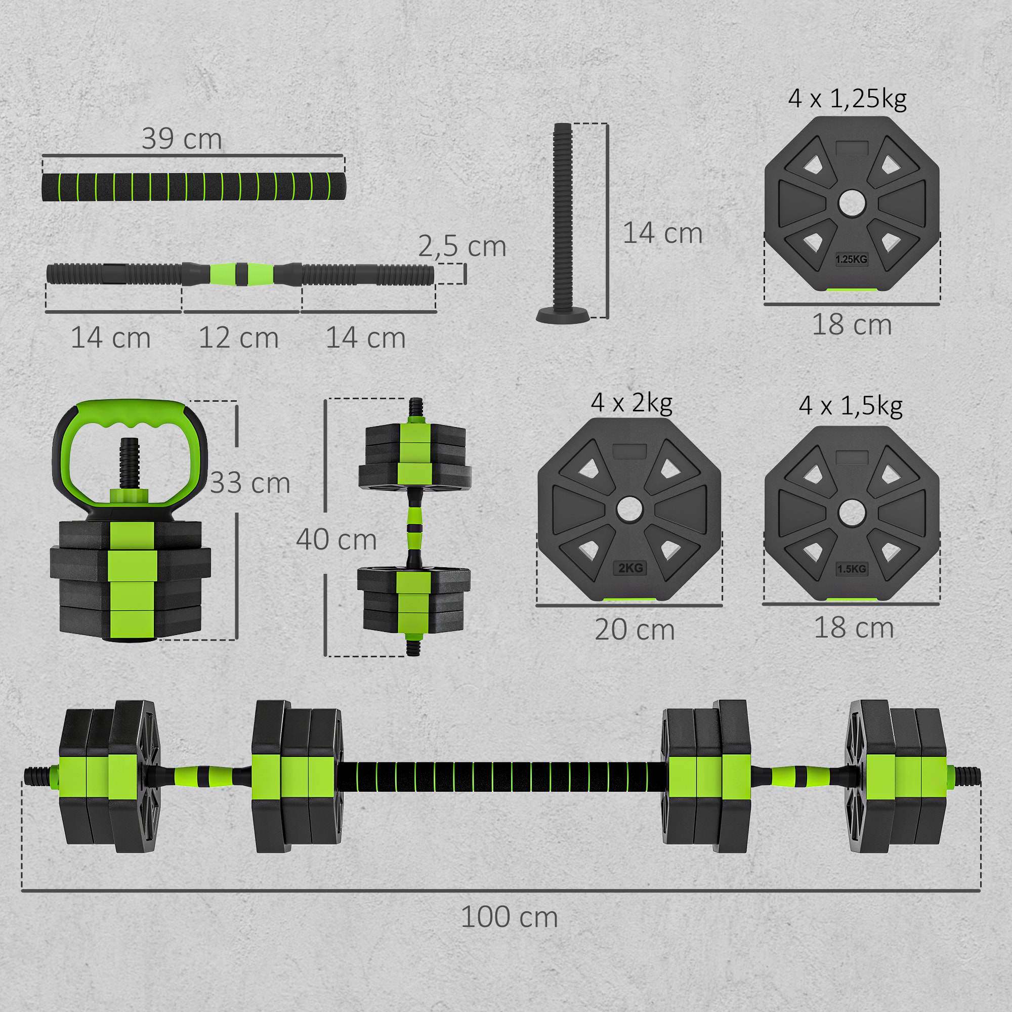 Juego de Mancuernas Ajustables, 4 en 1, 20kg, Juego de Pesas Utilizado como Kettlebell, Barra, Mancuernas o Soporte para Flexiones, Equipo para Hombres y Mujeres, Gimnasio en Casa