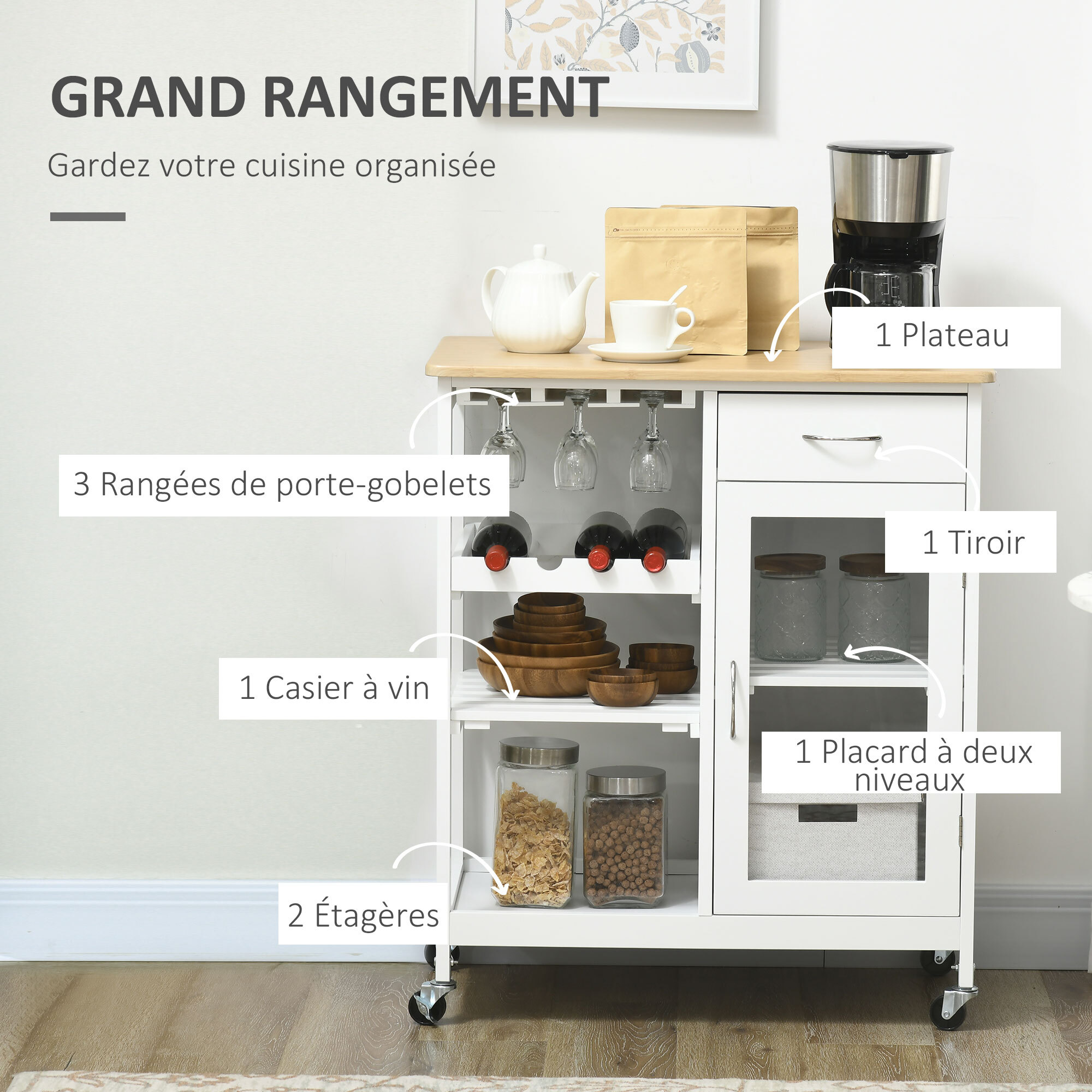 Desserte de cuisine multi-rangement - porte acrylique poignées métal MDF blanc aspect bambou