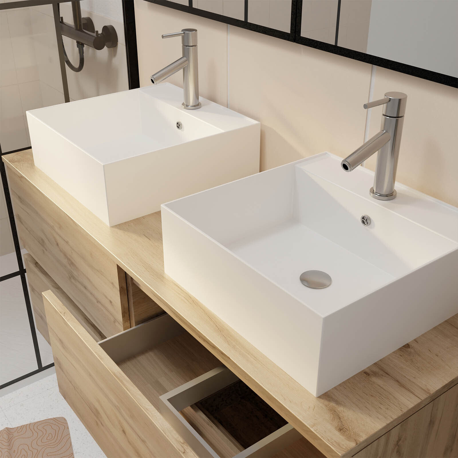 Meuble Salle de Bains 120cm 4 Tiroirs Chêne Naturel - 2 Vasques Carrées 41x41x15cm Blanches
