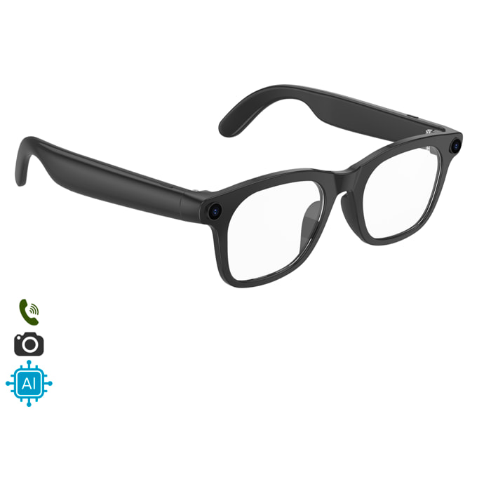 Gafas inteligentes HY15 con cámara de 12 MP para fotos y video de 2.5k. Traductor en tiempo real con asistente de voz inteligente y acceso a ChatGPT vía app. Control de música y llamadas.