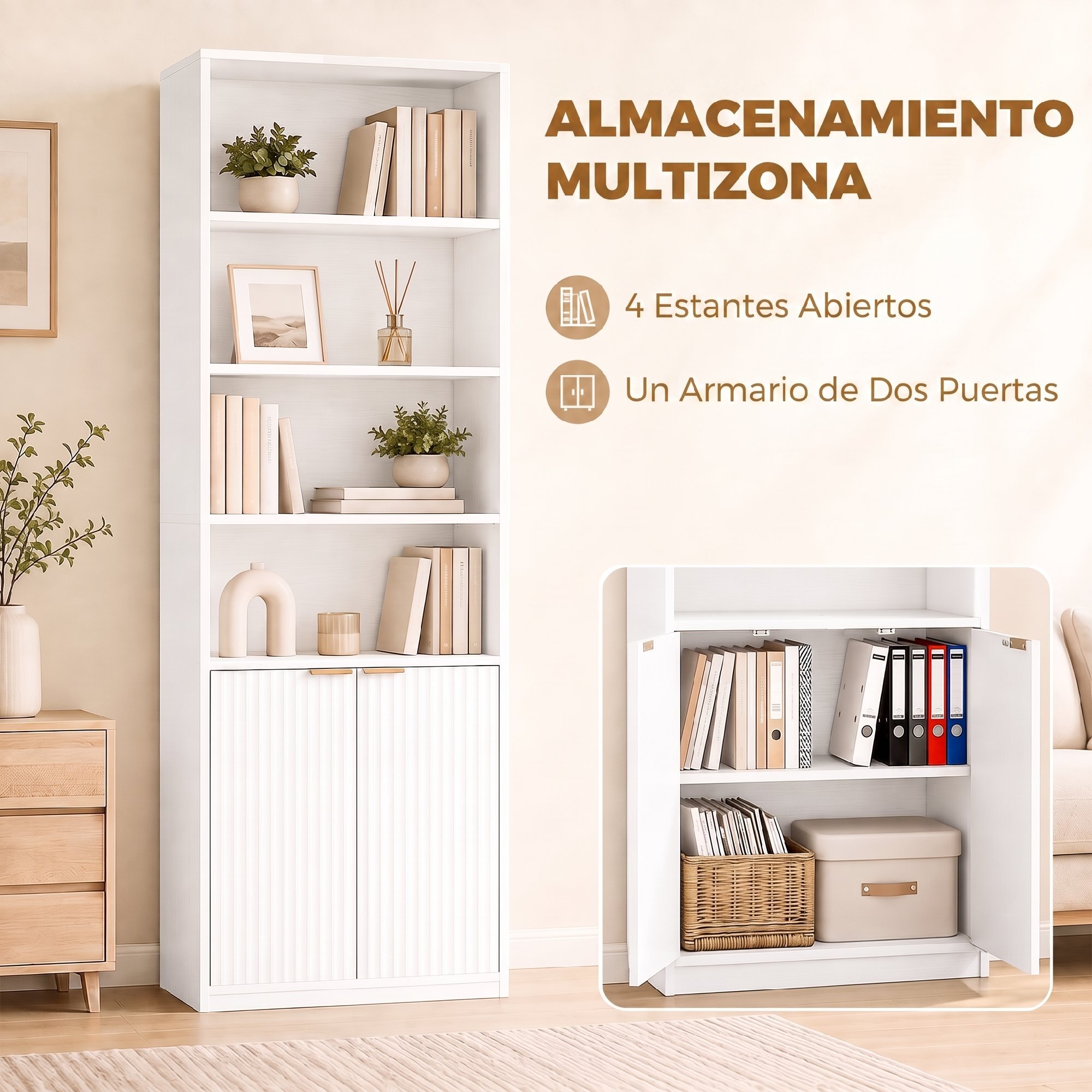 Estantería para Libros Alta y Estrecha, Librería de 6 Niveles con 4 Compartimentos Abiertos, Estante Ajustable, Cierres Magnéticos, Armario para Salón, Estudio, Oficina, 60x24x182 cm, Blanco
