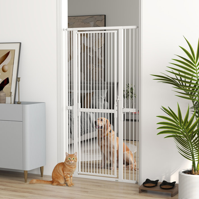 Barrera de Seguridad para Perros y Gatos Extra Alta 180 cm, Barrera para Perros Extensible 76-104 cm, Separación 3,5 cm, para Puertas y Escaleras, con Montaje a Presión, 2 Extensiones, Blanco