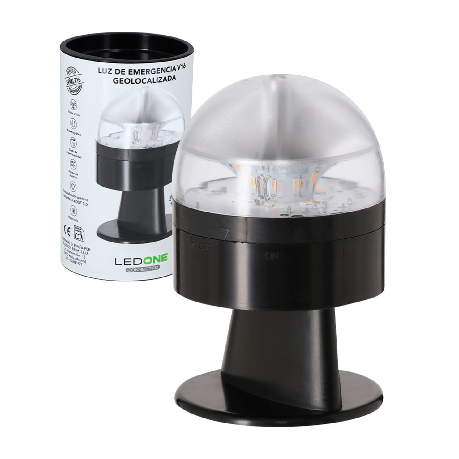 Luz de emergencia V16 geolocalizada Busby. Fijación magnética, visibilidad a 1km, con SIM gratuita y pila incluida.