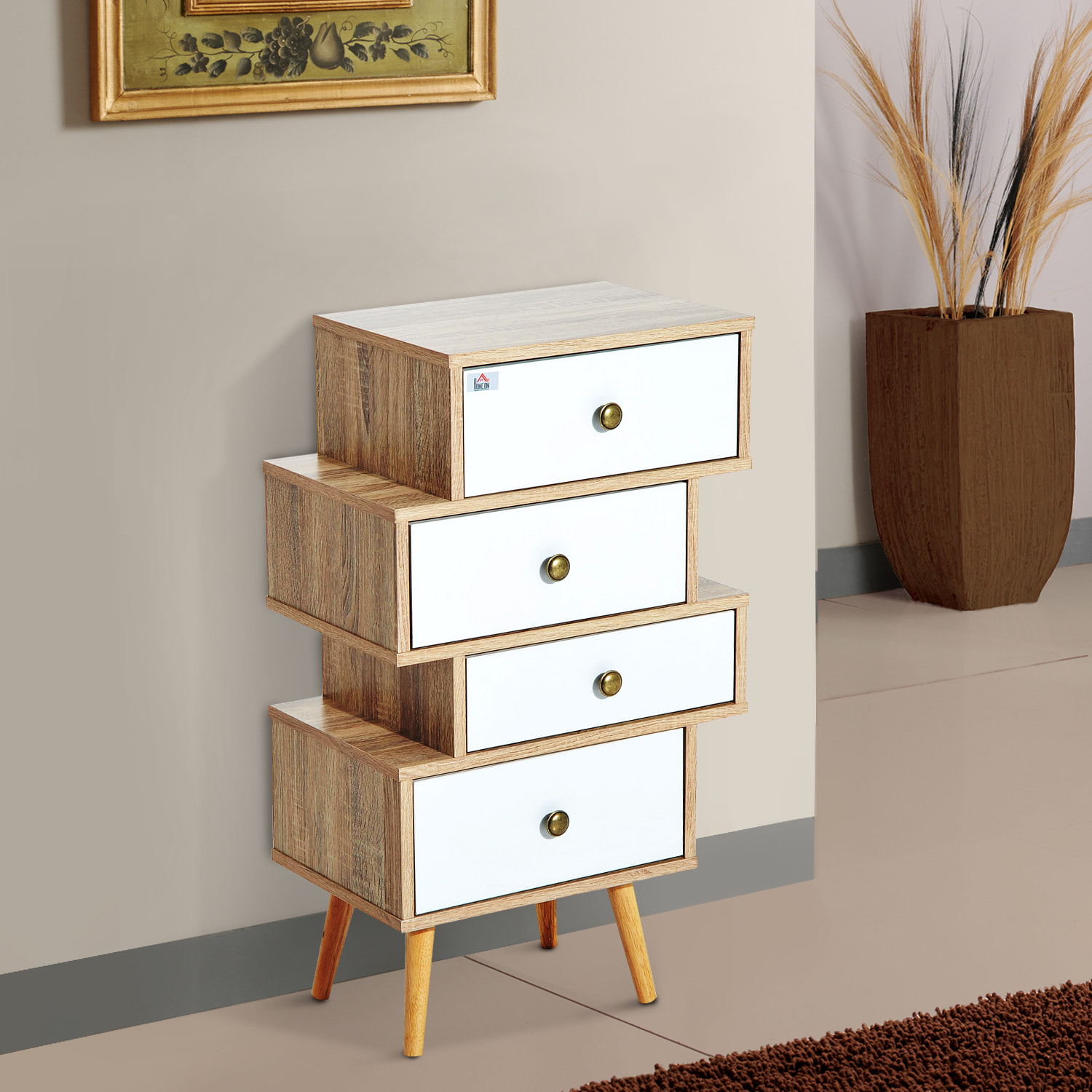 Meuble commode chiffonnier style scandinave 4 tiroirs coulissants 47 x 30 x 81 cm coloris blanc bois de chêne