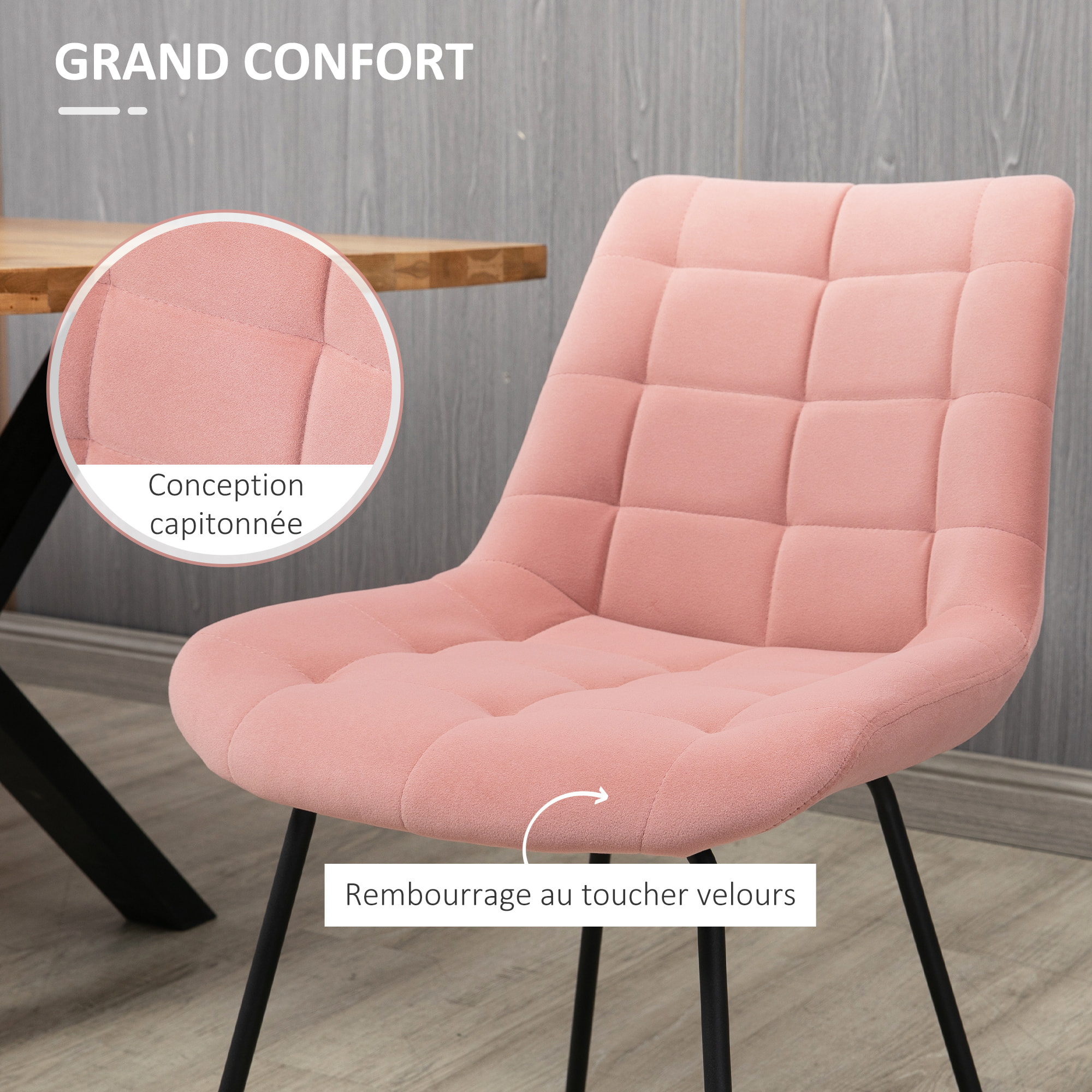 Lot de 2 chaises de salle à manger style chesterfield effet capitonné piètement acier noir velours rose poudré