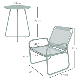 Conjunto de Muebles de Jardín Juego de 1 Mesa Redonda y 2 Sillas de Terraza con Marco de Acero Reposabrazos y Almohadillas Ajustables para los Pies para Balcón Patio Verde