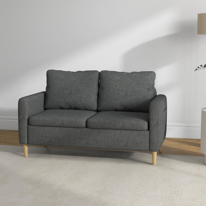 Canapé 2 places style contemporain pochettes sur les accoudoirs pieds en bois revêtement tissu aspect lin - gris