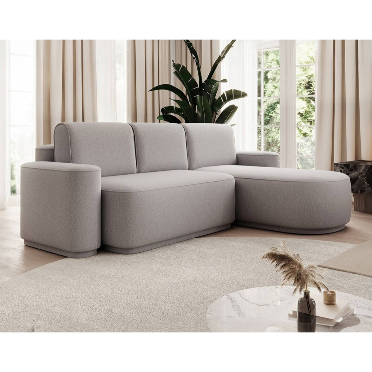Sam - canapé d'angle droit 4 places convertible avec coffre en tissu - Gris clair