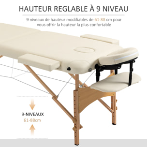 Table de massage pliante lit table de beauté 2 zones portable sac de tranport inclus hauteur réglable dim. 182L x 60l x 61-87H cm bois massif revêtement synthétique crème