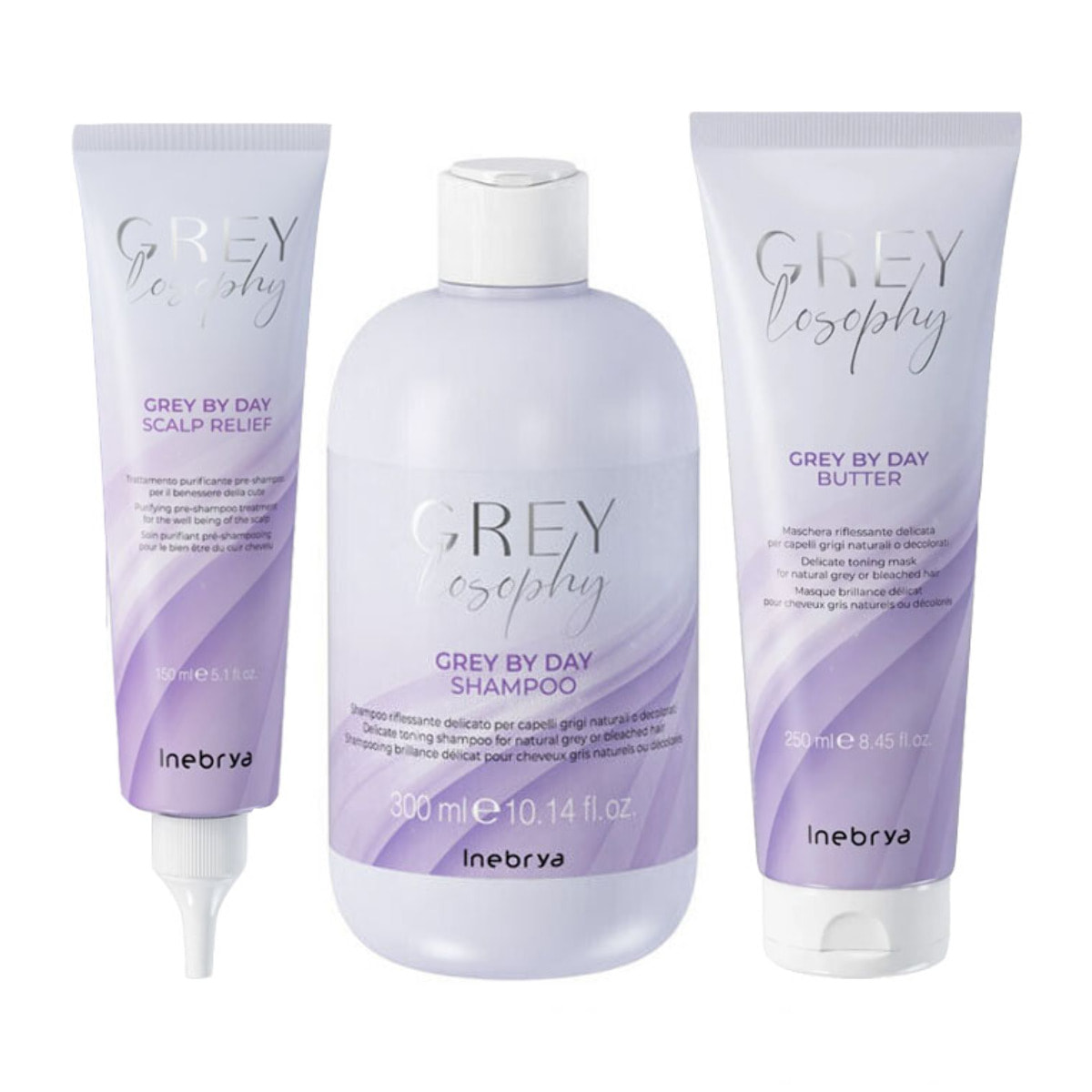 INEBRYA Kit Greylosophy Grey By Day Pre Champú 150ml + Champú 300ml + Mascarilla 250ml