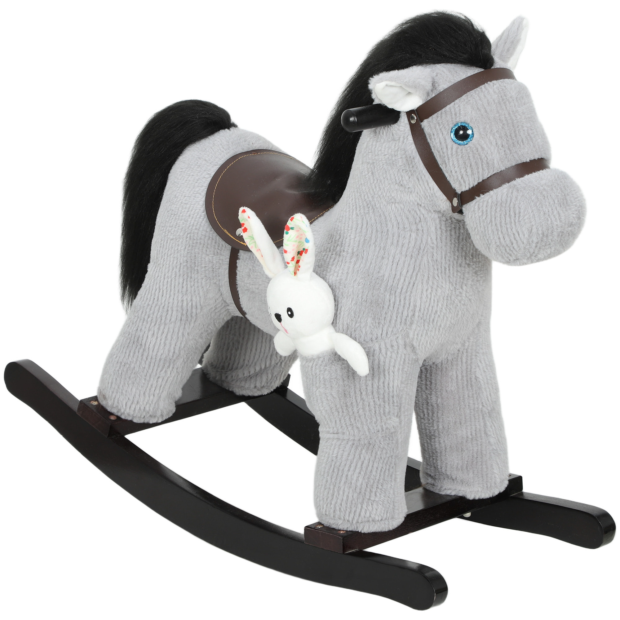Cheval à bascule enfant +12 mois effets sonores poignées selle doudou aspect velours cotelé gris
