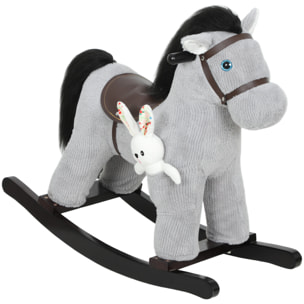 Cheval à bascule enfant +12 mois effets sonores poignées selle doudou aspect velours cotelé gris