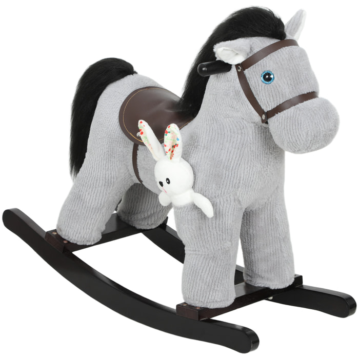 Cheval à bascule enfant +12 mois effets sonores poignées selle doudou aspect velours cotelé gris