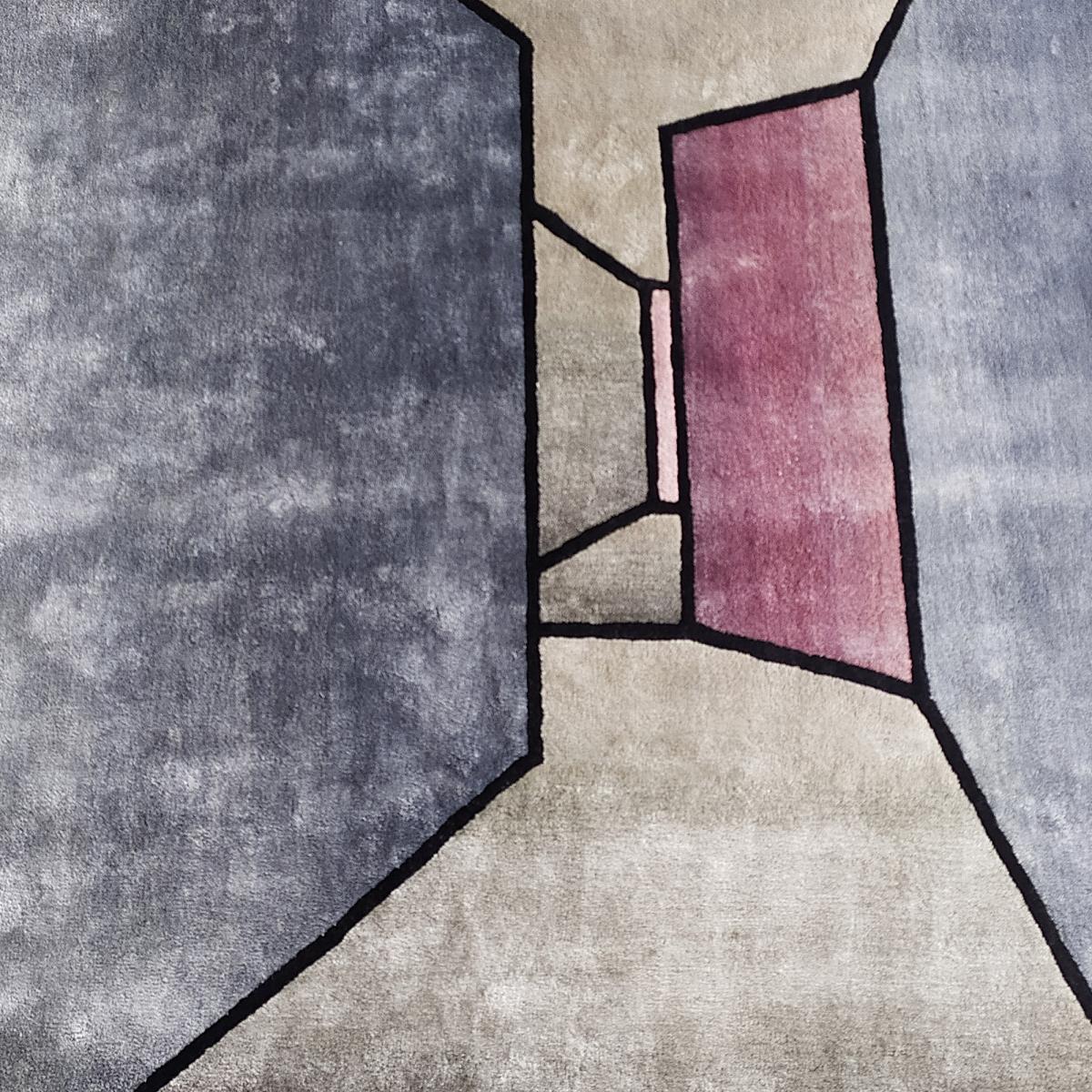 Tapis tufté main en laine et viscose, motif géométrique, tapis de haute qualité